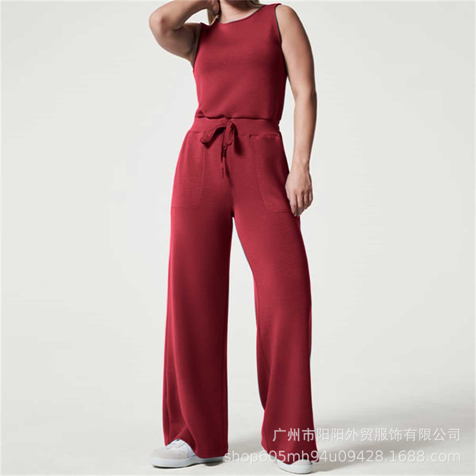 2023 primavera y verano nuevo versátil moda europea y americana adelgazamiento ocasional de las mujeres sin mangas color sólido V-cuello pantalones jumpsuit