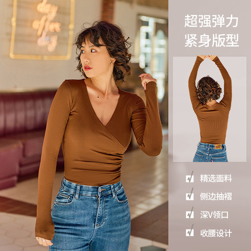 Sports Long-Sleeve Yoga Base Top Deep V-Neck Body-Hugging Pleated Waist-Slimming Slimming T-Shirt for Autumn/Winter Layering Long-Sleeve Elastic Top
