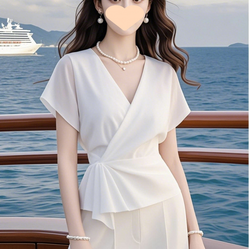 妖精のような絶妙で美しいシャツ、女性用のブルーウエスト半袖シャツ、夏のユニークで美しいシフォントップ|undefined