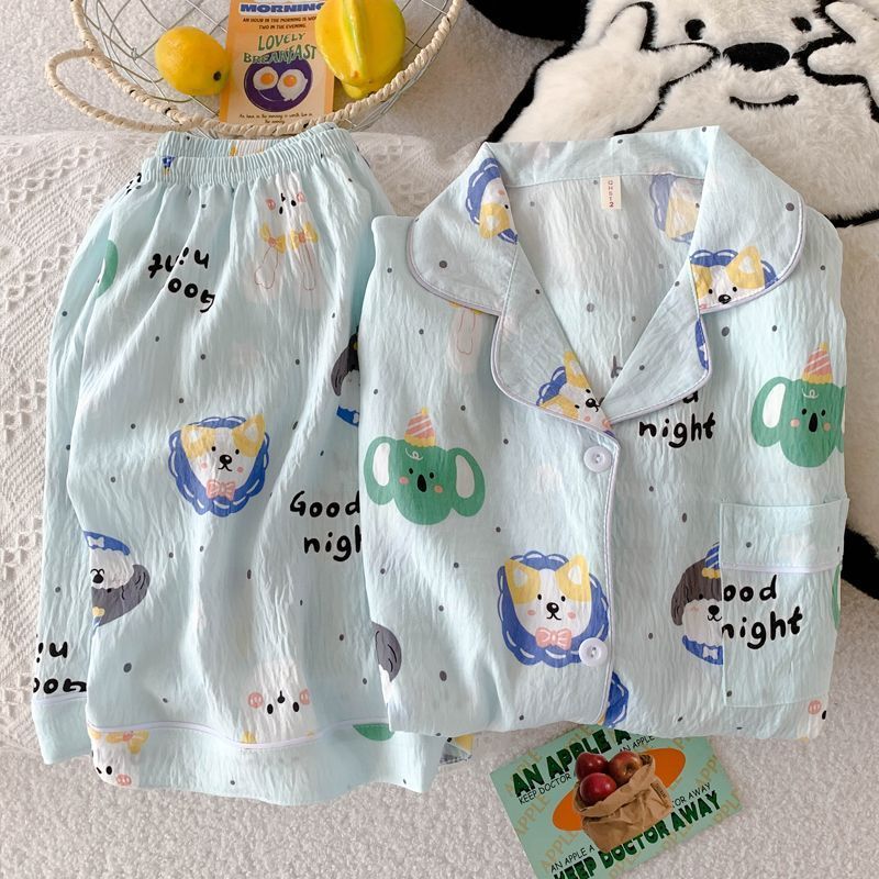Impresión de dibujos animados suelta ropa de hogar de gran tamaño dormitorio de estudiantes puede usar dos piezas de verano nuevo pijama de algodón nublado