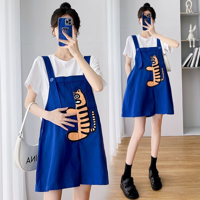 孕妇装夏季新款时尚卡通老虎印花中长款小个子孕妇吊带裤装两件套