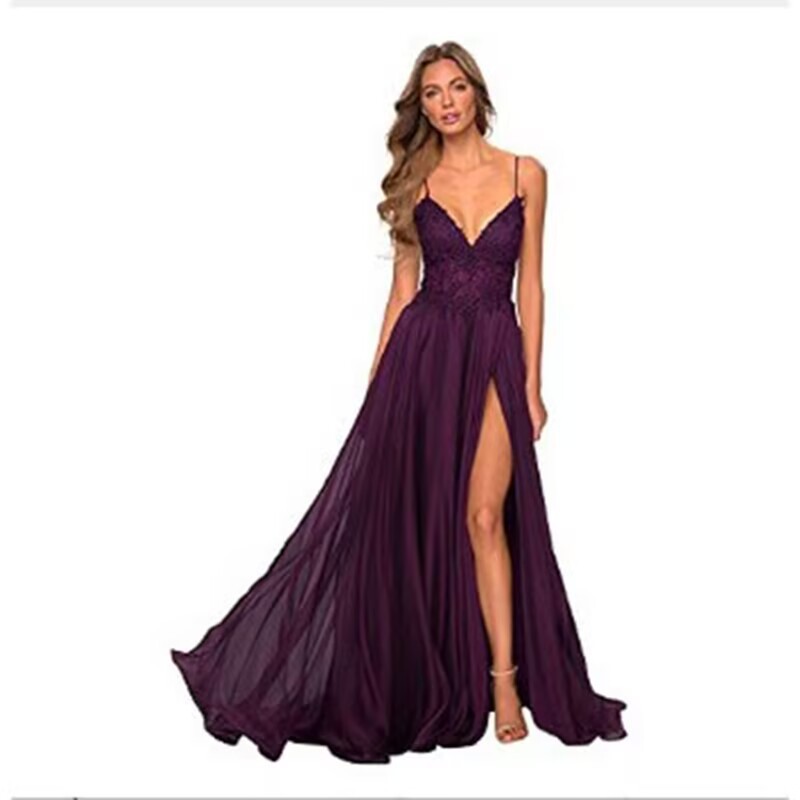 Nuevo vestido de fiesta de gasa con apliques de encaje, tirantes delgados con tirantes abiertos, vestido de noche de banquete sexy