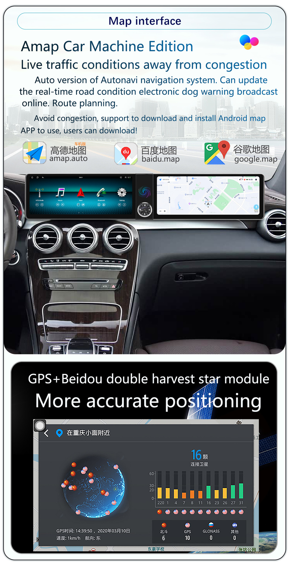 Suitable for 26inch Mercedes-Benz Glc/C/W205 Android Dual-Screen Lcd Instrument Panel Android Central Control Large-Screen Navigator