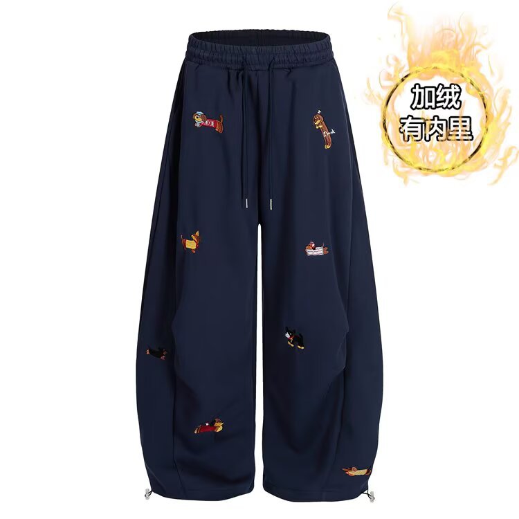 American Retro Embroidered Fun Fleece-Lined Thickened Scimitar Pants for Women, New Winter Street Style Silhouette Casual Pants