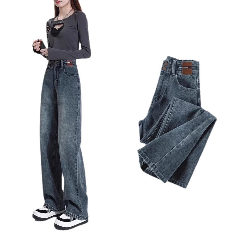 기모 두꺼운 넓은 다리 청바지 여성의 2024 년 겨울 폭발 좁은 침빙 좁은 줄 바른 꼬챙이 곧은 바닥 바지