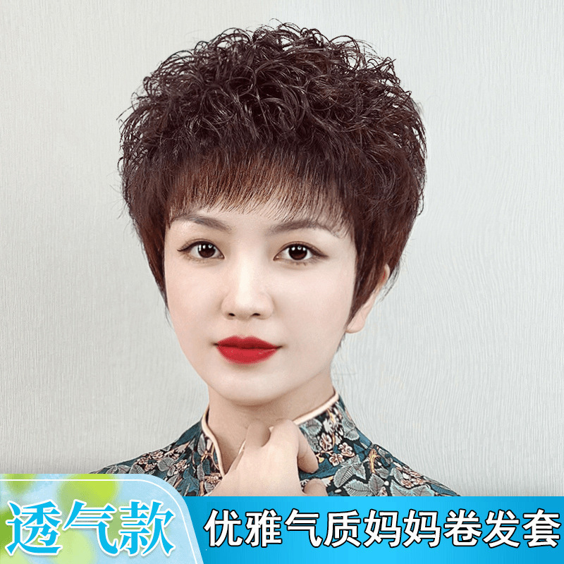 全真发中老年短卷发假发套妈妈假发女全头套假发短发自然真人发丝|undefined
