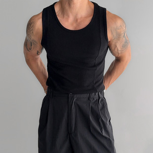 2025 New Style Waistcoat Vest Men's Summer American Fitness Elastic Slim T-Shirt Threaded Vertical Stripesd Top for Men