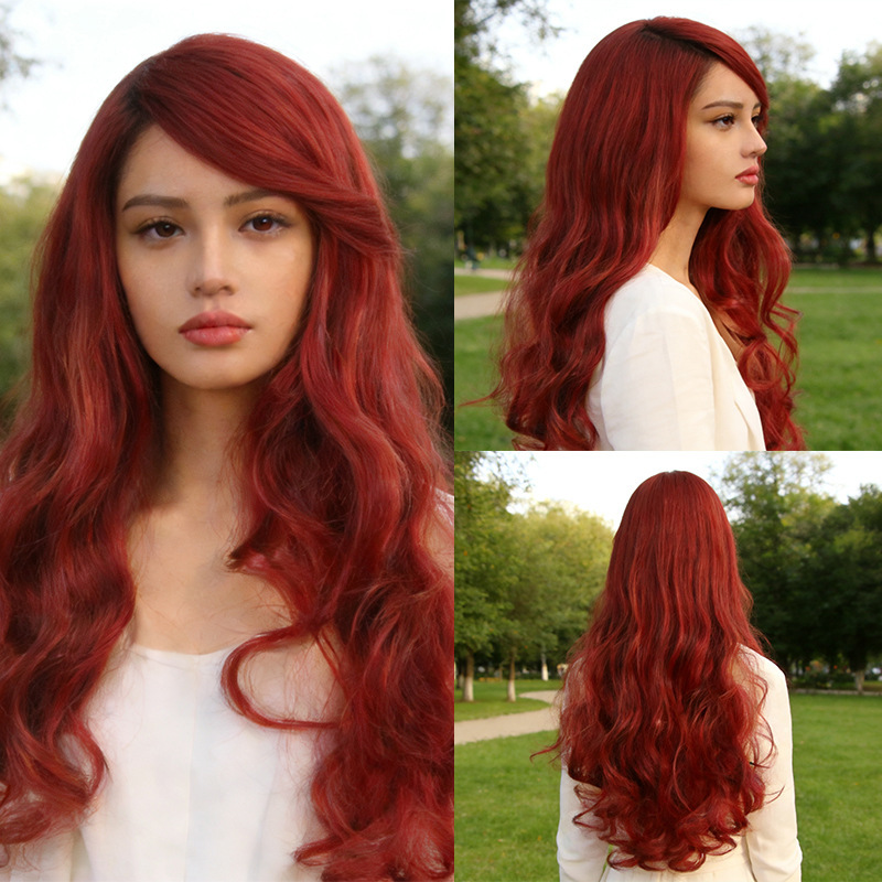 Wig with Simulated Scalp, Dyed Red-Brown Long Hair with Straight Bangs, Synthetic Fiber Wig, Evely Red-Brown Wig with Simulated Scalp, Dyed Red-Brown Long Hair with Straight Bangs, Synthetic Fiber Wig, Evely Red-Brown