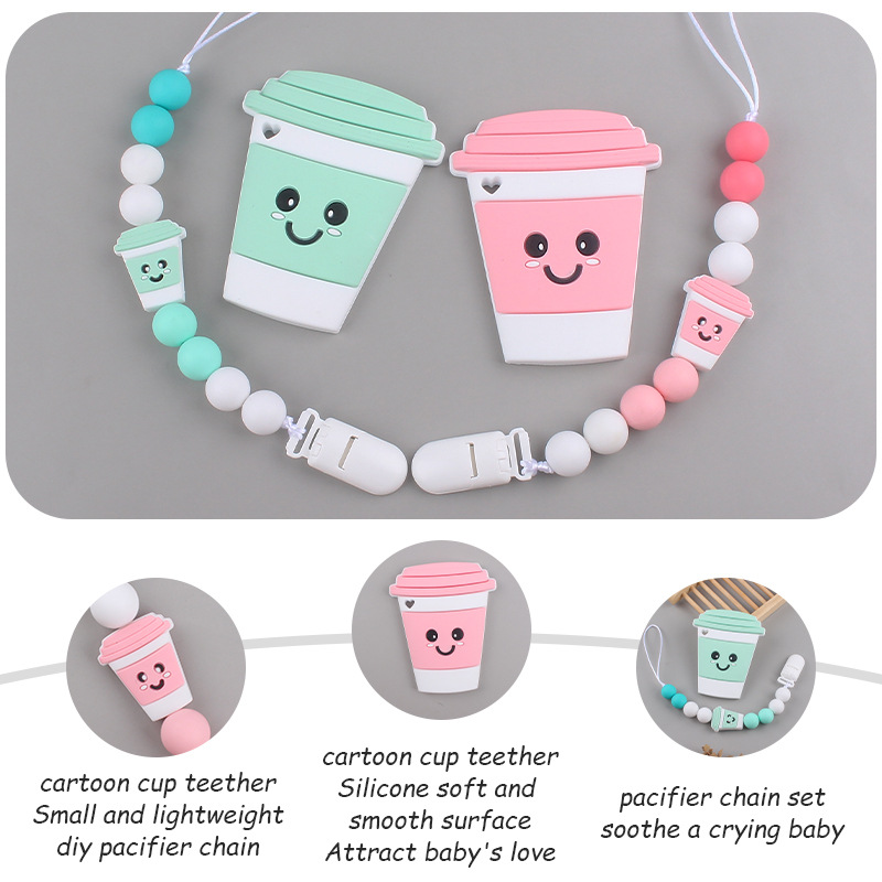 Nuevo bebé suministros de dibujos animados taza mordedor calmante bebé DIY silicona chupete cadena mordedura molar traje