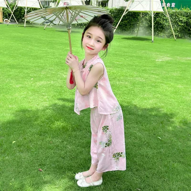 汉服女童棉绸套装夏季2025新款洋气时髦儿童装新中式女宝宝两件套