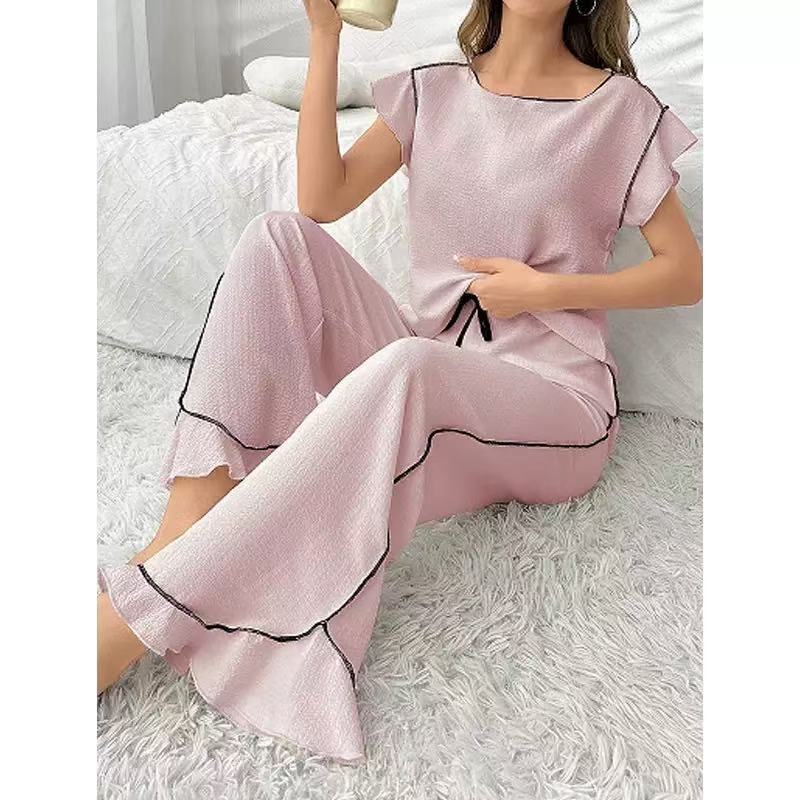 Cross-Border Round Neck Comfortable Pajamas Women's Suit Spring and Summer New High-End Stitching Contrasting Color Edging European and American Style Home Clothes
