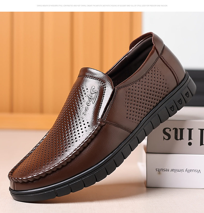 Dép sandal nam da bò thật thoáng khí lỗ rỗng, đế cao 1-3 cm, kiểu mùa hè — nâu, đen chi tiết 24