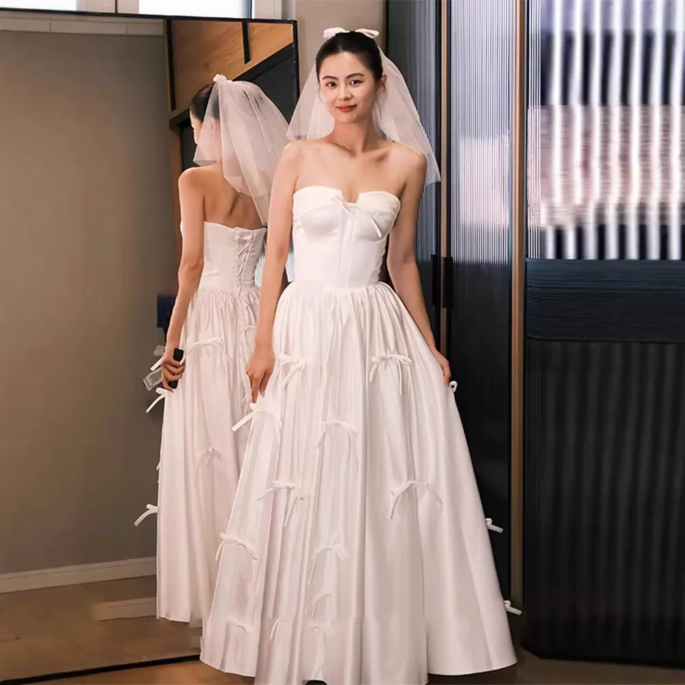 法式白色轻婚纱礼服抹胸长款气质优雅缎面新娘结婚旅拍写真礼服