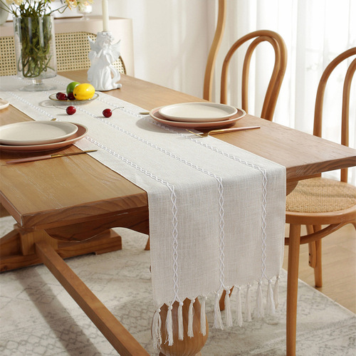 Nordic simple striped solid color table flag cotton and linen fabric handmade tassel coffee table cloth table mat home long tablecloth