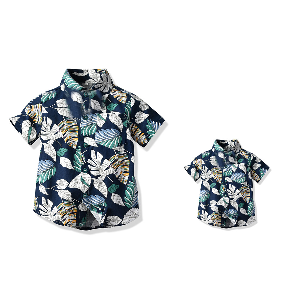 Camisa de flores hawaiana de manga corta con solapa de manga corta de verano 2025 estilo de moda padre e hijo cárdigan casual de algodón floral traje para padres e hijos