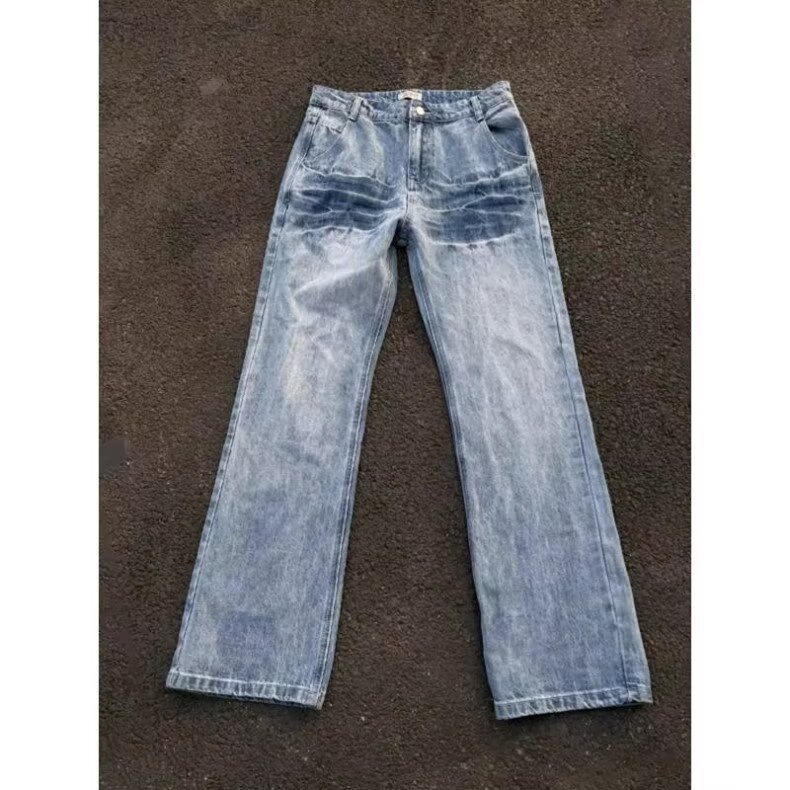 Men's Vintage Washed Blue Jeans with Lightning Bolt Pattern Midweight Straight Fit for Spring Autumn American Style Cool Edgy Streetwear_mkmklike.com