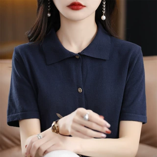 纯棉透气吸汗2024春夏新款女衬衣POLO领上衣开衫短袖纯色针织衫