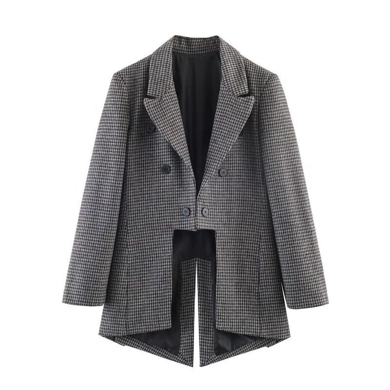 European and American Style Small Blazer with Slit Back, Women's Plaid Asymmetrical Fashion Design