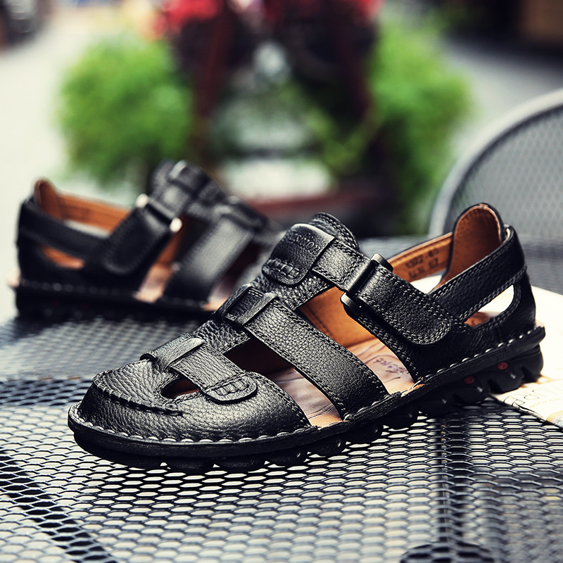 Cross-Border Independent Station Amazon's Popular Beach Shoes Men's Genuine Leather Toe Hollow Lightweight Breathable Soft Sole Non-Slip Sandals
