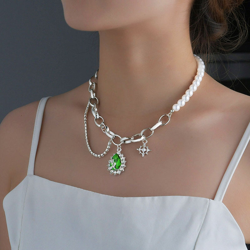 European And American New Trend Inlaid Gemstone Clavicle Chain Green Water Drop Chain Stitching Necklace display picture 2