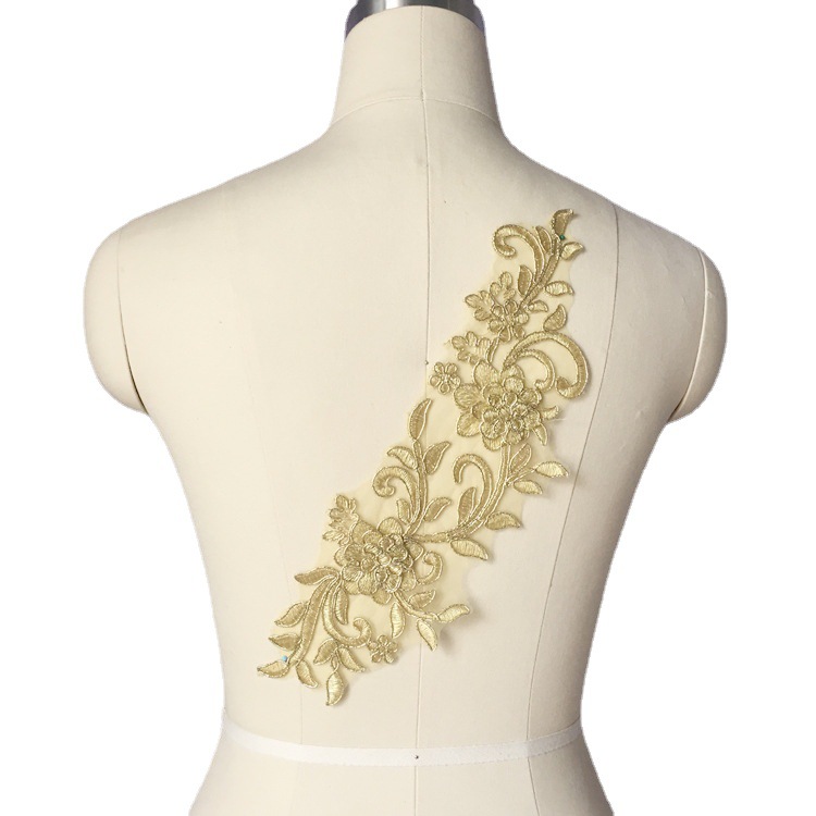 新款金色立体花朵刺绣蕾丝对花DIY婚纱礼服服装辅料材料贴片
