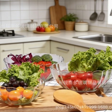 Tazón de ensalada de alto valor facial Tazón de vidrio transparente Tazón de ensalada doméstico Tazón de frutas de microondas Tazón de frutas multi-especificación rentable