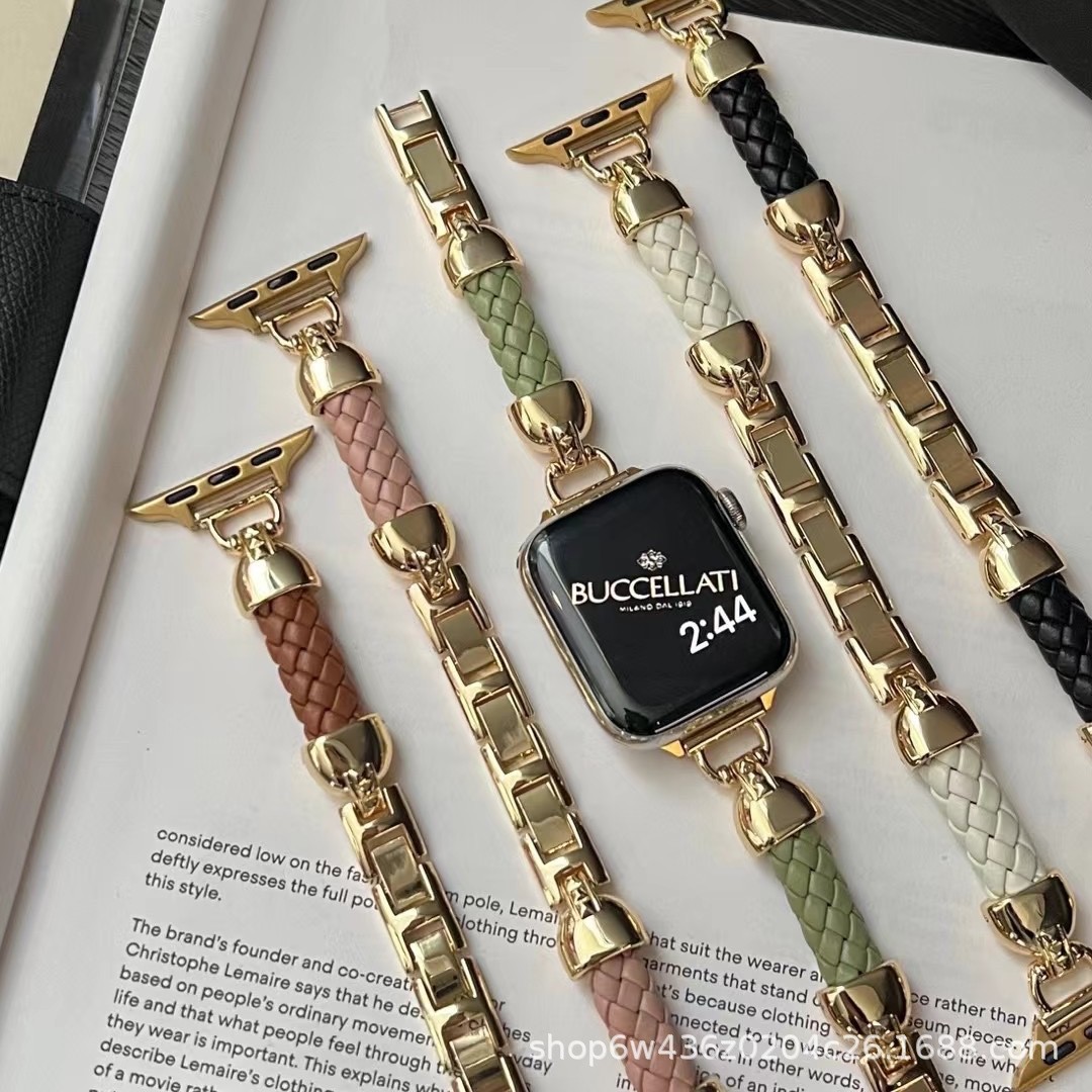 Leather braided chain for Apple Watch Series 9, iWatch Series 7, and Apple Watch Series 10 with steel braided strap.