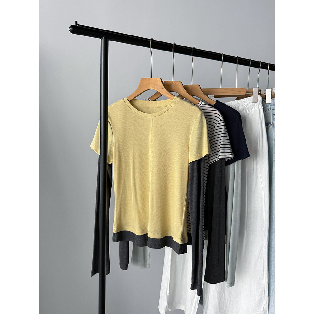 【王琪芝】假两件撞色长袖T恤女26春夏休闲宽松简约圆领上衣WQ248