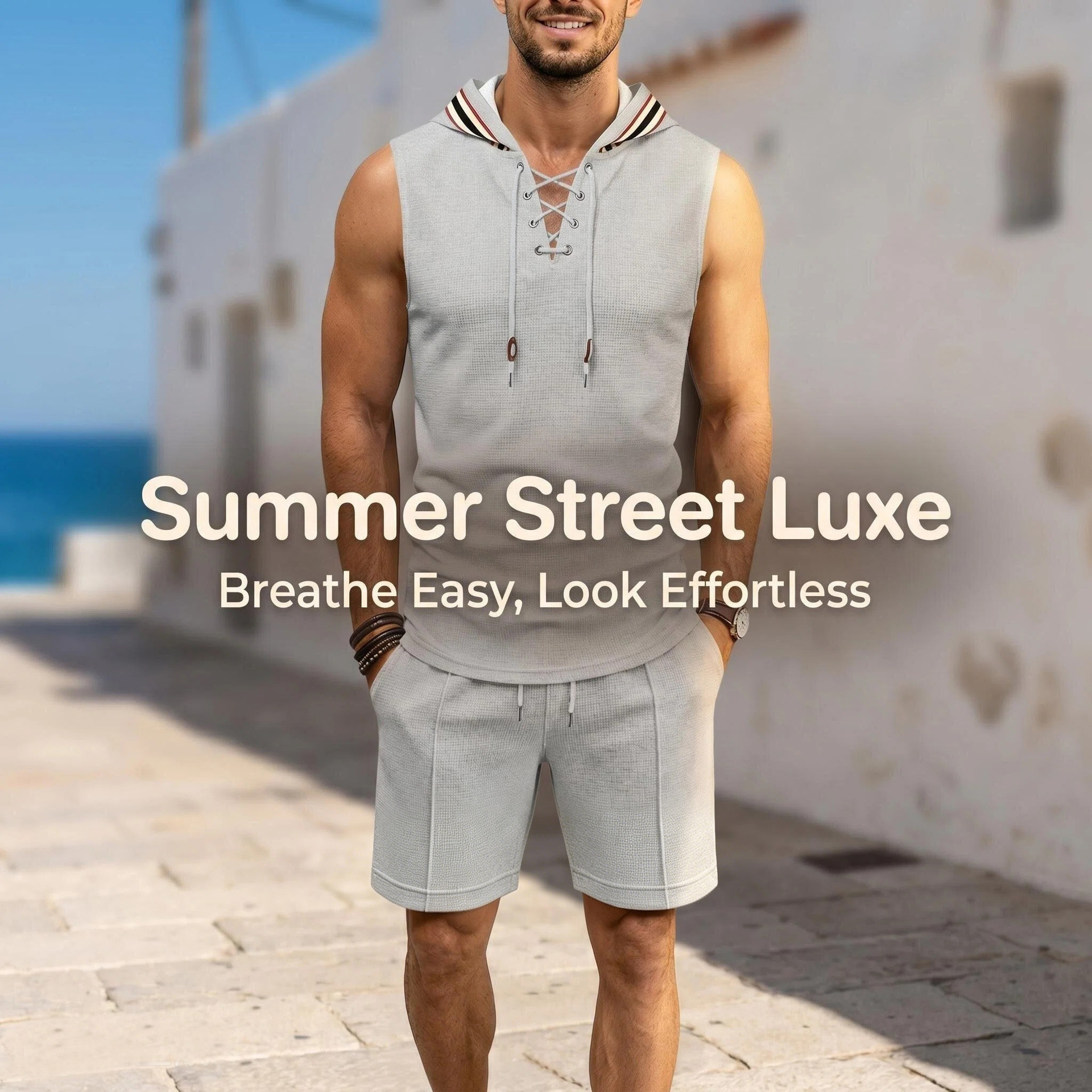 Men's Summer Hooded Vest And Shorts Set, Casual Loose Fit Breathable Athletic Two-Piece Outfit With Color Block Design_viptrois.com