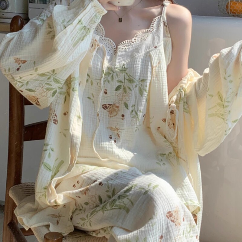 Chinese Style Sexy Pajamas for Women Spring and Autum Long-Sleeved 2025 New Sweet Pastoral Style Suspender Three-Piece Home Clothes