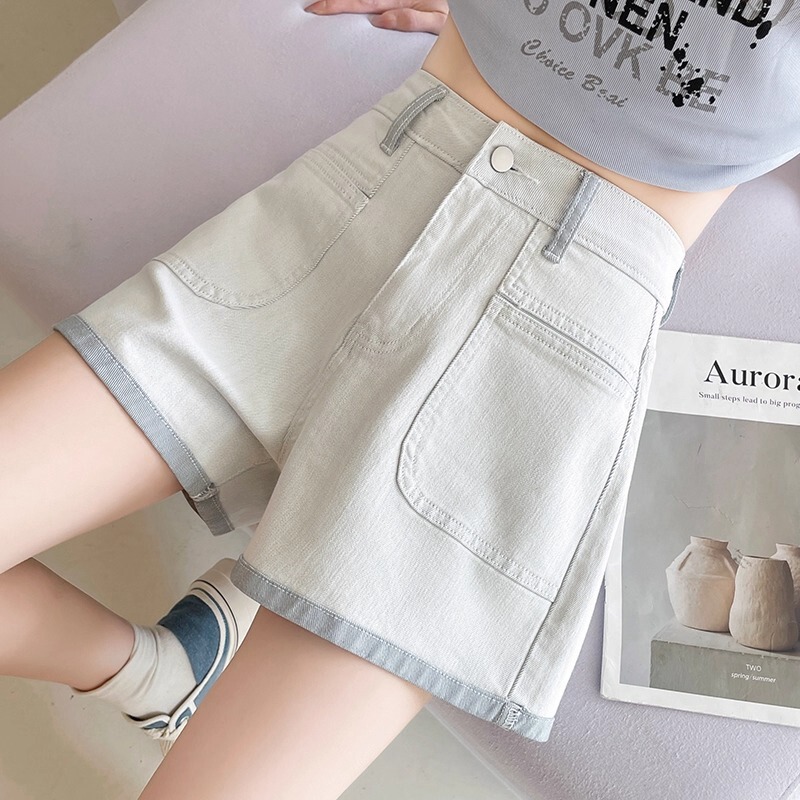 Gray Rolled-Edge Denim Shorts for Women, 2025 Summer New Style, High-Waisted, Color-Blocked, A-Line Wide-Leg Hot Pants