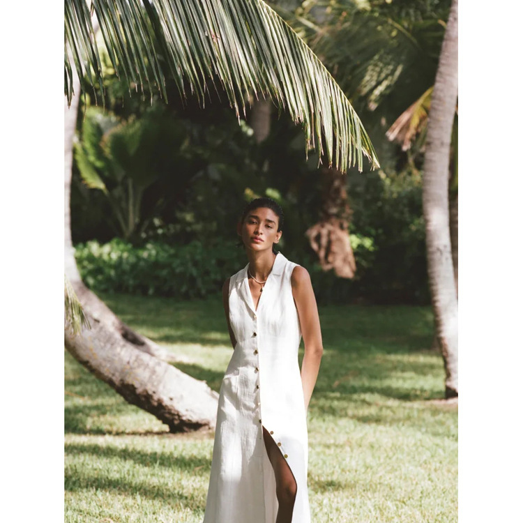 Spot 413# Xia Xin pure white suit collar sleeveless waist long dress 2022 French retro women's clothing