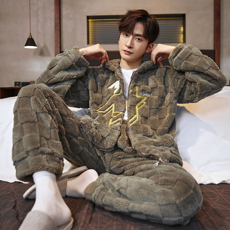 Pijamas Otoño e Invierno de los hombres de lana de coral forrado de lana gruesa caliente con capucha franela suelta más tamaño homewear traje