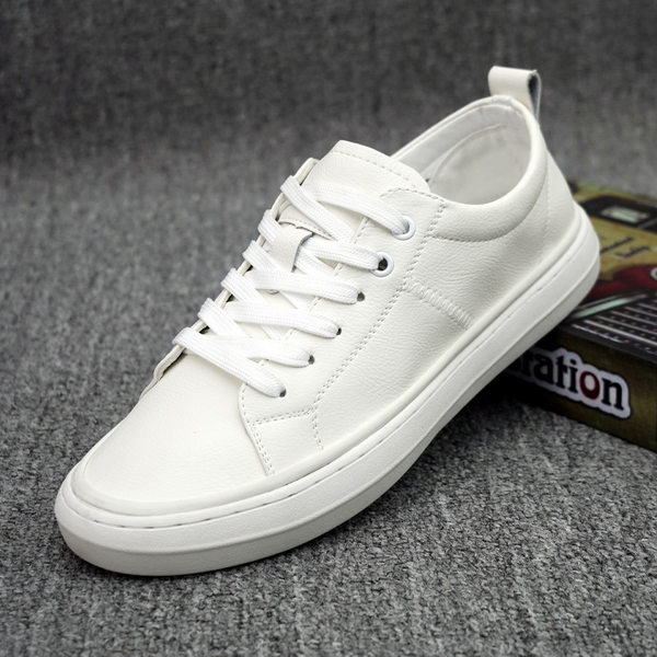 Giày sneaker nam da thật cổ thấp đế bằng, gót thấp 1-3 cm, dây buộc, phong cách thường ngày — Màu trắng 5202, Màu đen 5202