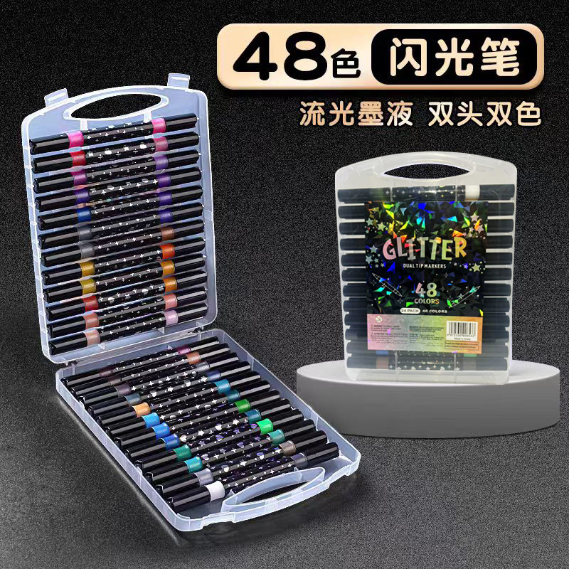 New Double-Ended Two-Color Glitter Marker Pen Pearlescent Glitter Marker Pen Student Painted Hand Account Highlighter Set