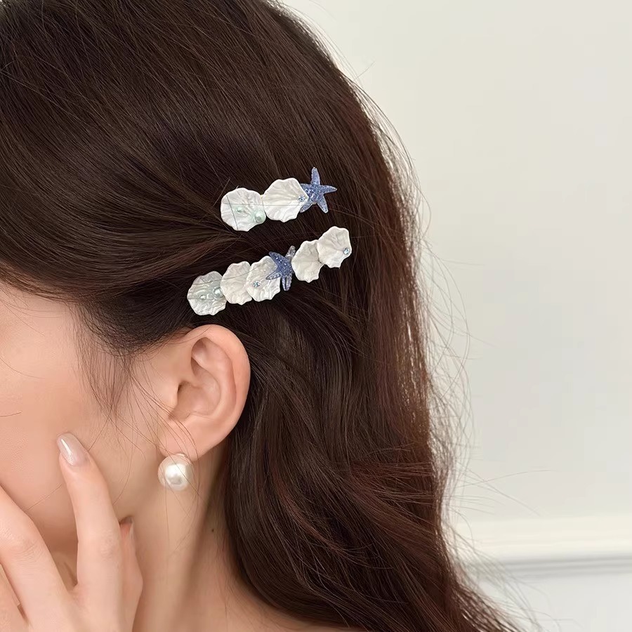 Korean-Style Ins Starfish Shell Pearl Hairpin, Fresh and Versatile Side Clip Bangs Clip, Fashionable and Simple Hair Accessory