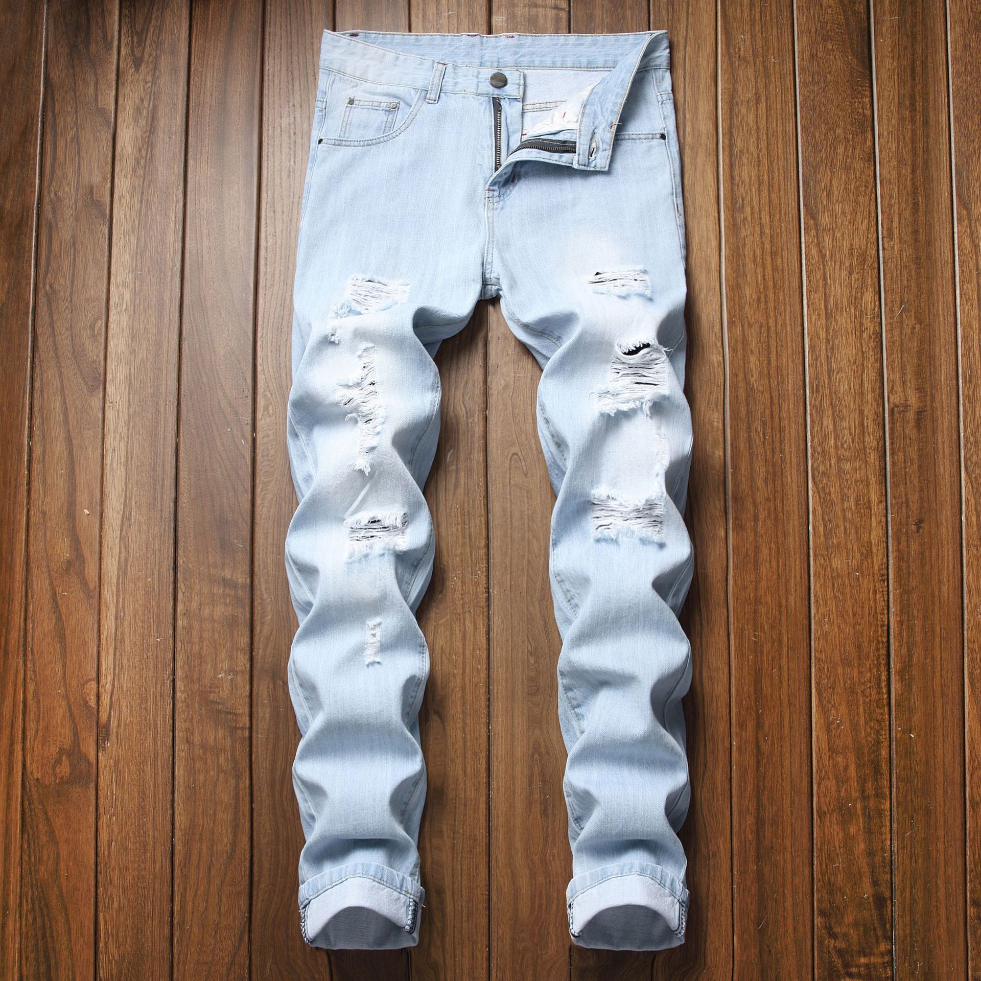 boy Cross-Border Exclusive Foreign Trade Ripped European And American Fashion Slim Fit Trendy Straight Men's Jeans_viptrois.com