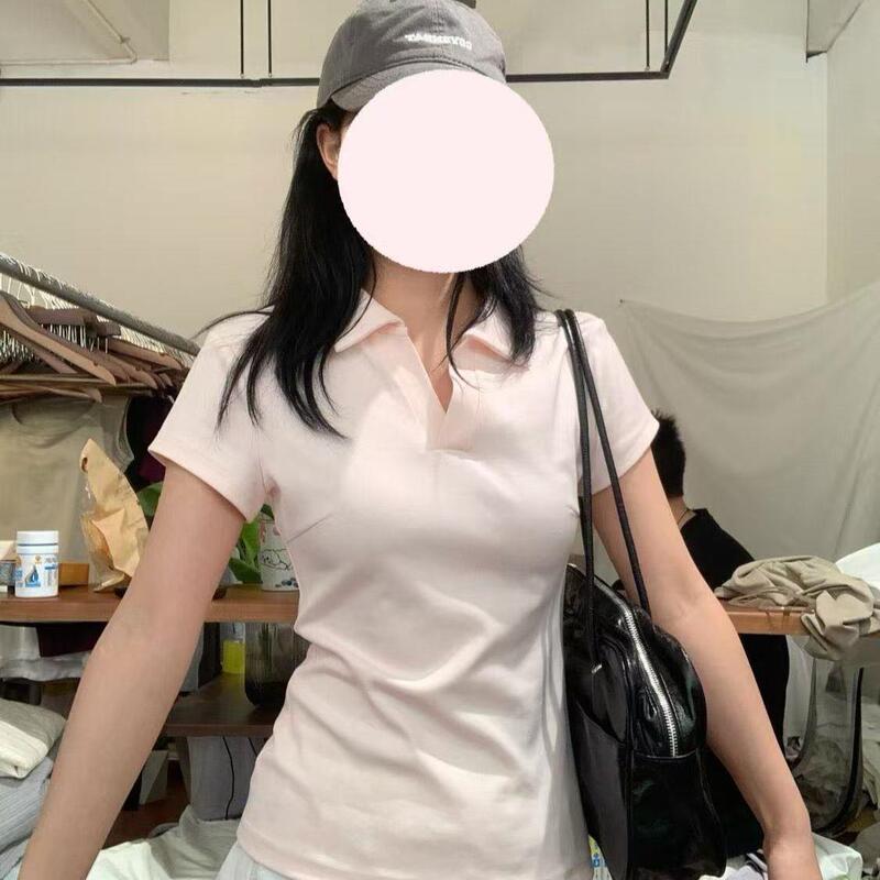 纯欲粉色正肩polo衫翻领短袖T恤女夏季新款设计感掐腰显瘦上衣|undefined