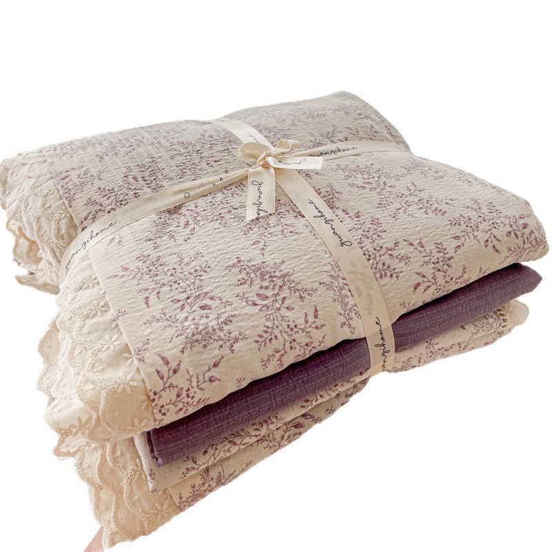 Cama de hilo de doble capa floral de clase A, juego de cuatro piezas, sábanas de algodón de algodón, funda de edredón, ropa de cama, dormitorio de estudiantes, juego de tres piezas 4