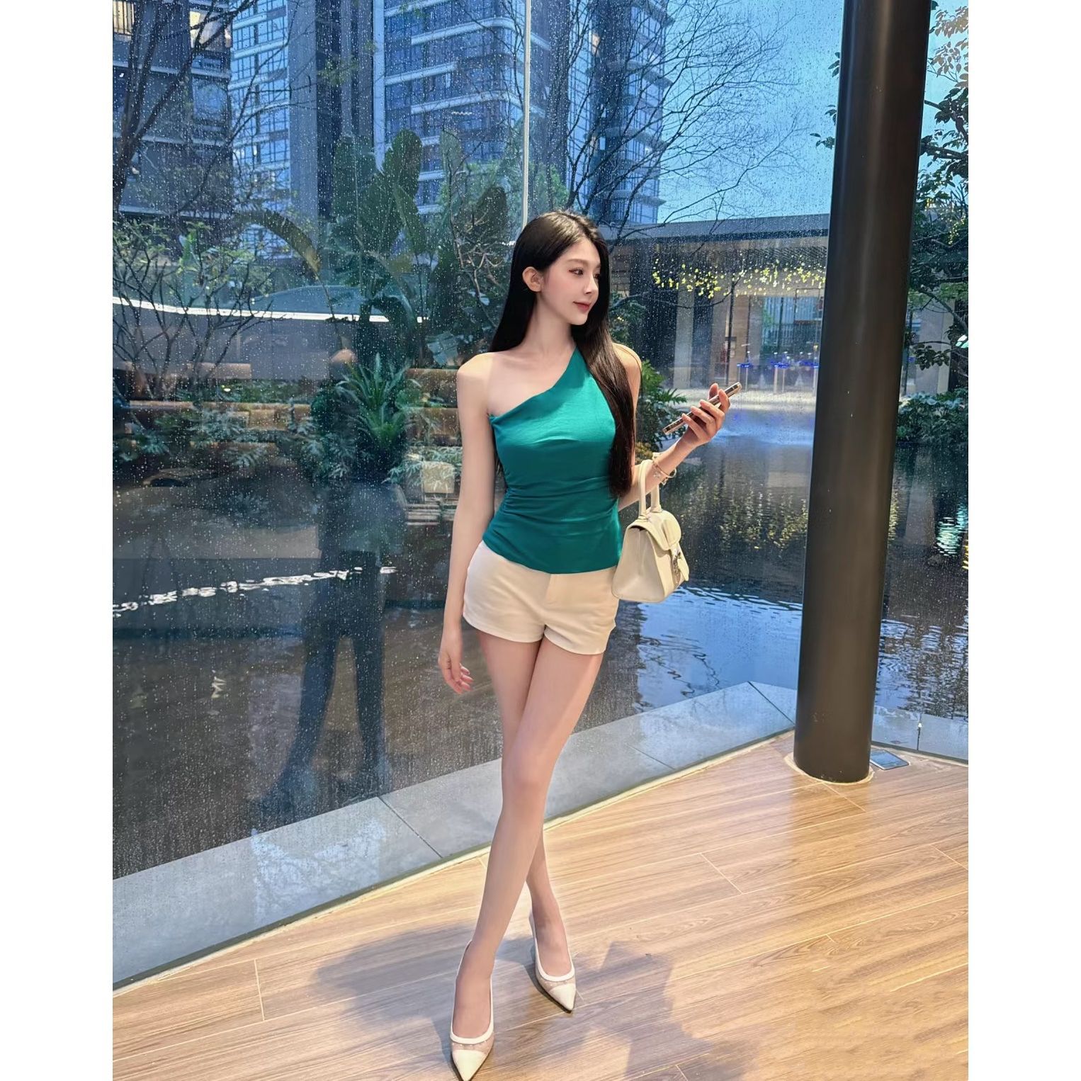 New 2025 Stylish Pure Desire Sweet Spice Bodycon Unique Clavicle Killing Sloping Shoulder Top for Instagram Women Lake Blue Underwear Summer