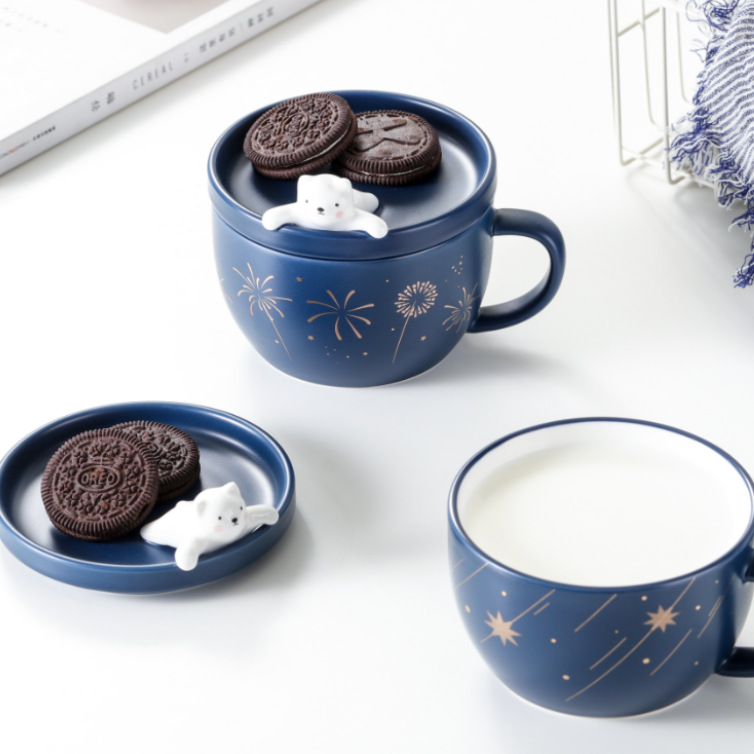 Taza de Cerámica con Diseño de Oso de Fuegos Artificiales, Taza de Dibujos Animados con Forma de Animal, Taza de Desayuno, Regalo, Taza para Cereal, Taza para Agua, Taza para Parejas, Taza de Café con Diseño de Osito