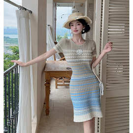 法式小香风毛衣短袖连衣裙2025夏季新款针织气质时尚包臀一步裙女