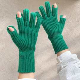 【定制】韩国纯色毛线针织手套女冬季可触屏玩手机露指保暖防寒