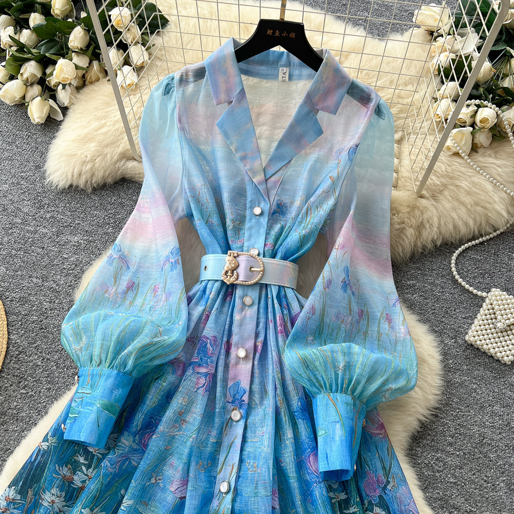 Women's French Romantic Gradient Print Dress Long Sleeve Single Breasted Button down Waist Tie Elegant Long Summer Dress_ecoleips.com