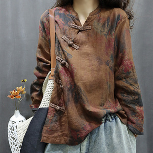 3444 Autumn and Winter New Linen Printed Casual Short Jacket Loose Bat Sleeve V-neck Buckle Double-layer Top for Women