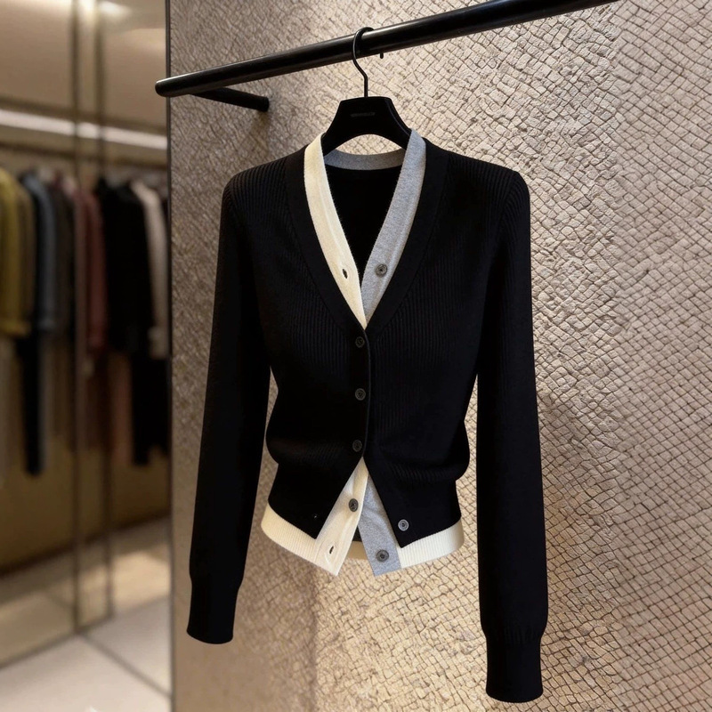 Korean-style design, fashionable and versatile, casual and simple, black V-neck cardigan top for women, new autumn/winter 2026 collection Korean-style design, fashionable and versatile, casual and simple, black V-neck cardigan top for women, new autumn/winter 2026 collection