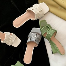 2024夏季编织牛皮方头配裙子高跟拖鞋通勤外穿气质露趾坡跟凉鞋女