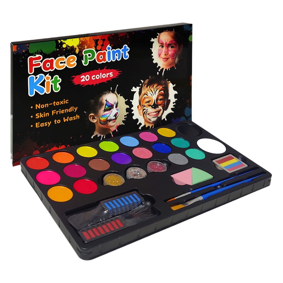 Pintura corporal de pigmento de venta caliente transfronteriza, paleta de 20 colores fácil de lavar, juego de pintura facial lavable a base de agua para maquillaje de festivales