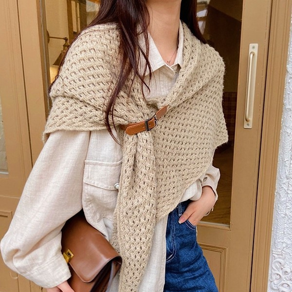 Autumn and Winter Knitted Shawl for Women, Versatile Style, Multifunctional Leather Buckle Triangle Scarf, Hollow-Out Outerwear with Buckle Sweater Coat Autumn and Winter Knitted Shawl for Women, Versatile Style, Multifunctional Leather Buckle Triangle Scarf, Hollow-Out Outerwear with Buckle Sweater Coat