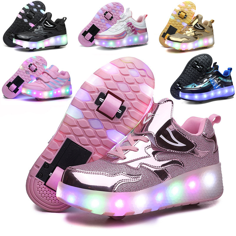 2026 Cross-Border Children's Roller Shoes with Dual Wheels for Girls, Breathable Led Light-Up Shoes, USB Charging Outdoor Sports Skates